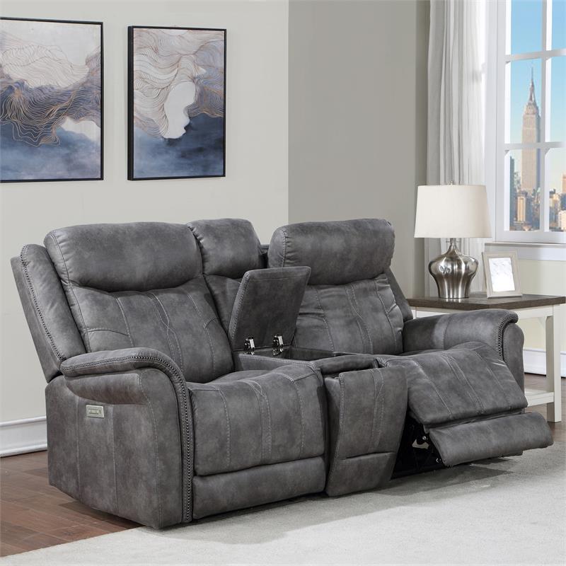Morrison Power Console Loveseat Stone Faux Suede Fabric