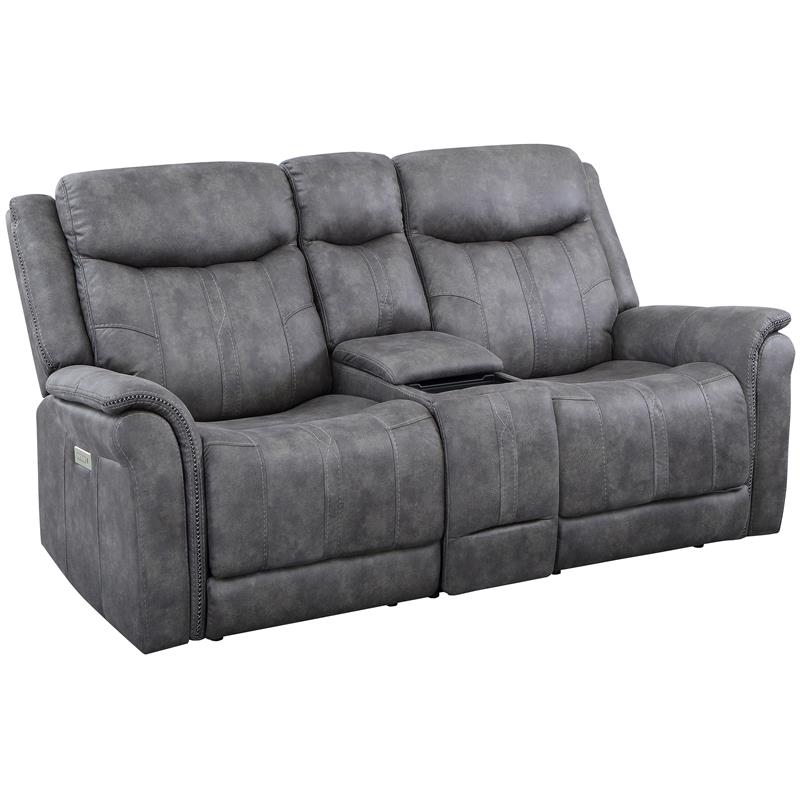 Morrison Power Console Loveseat Stone Faux Suede Fabric