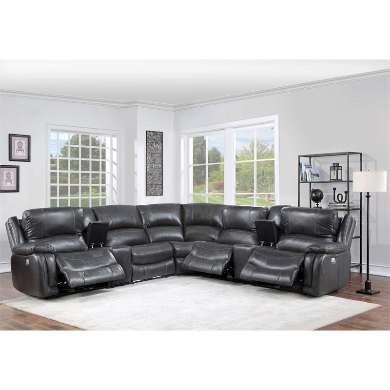 Denver 7 Piece Charcoal Leather Power Reclining Sectional