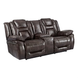 Oportuna Brown Faux Leather Dual Power Console Loveseat