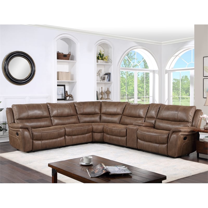 Lehi Cocoa Brown Faux Leather 6-Piece Manual Reclining Sectional