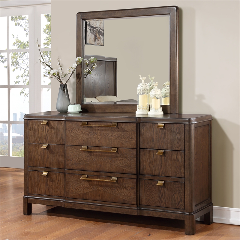 Milan Walnut Brown Wood 6-drawer Dresser and Mirror
