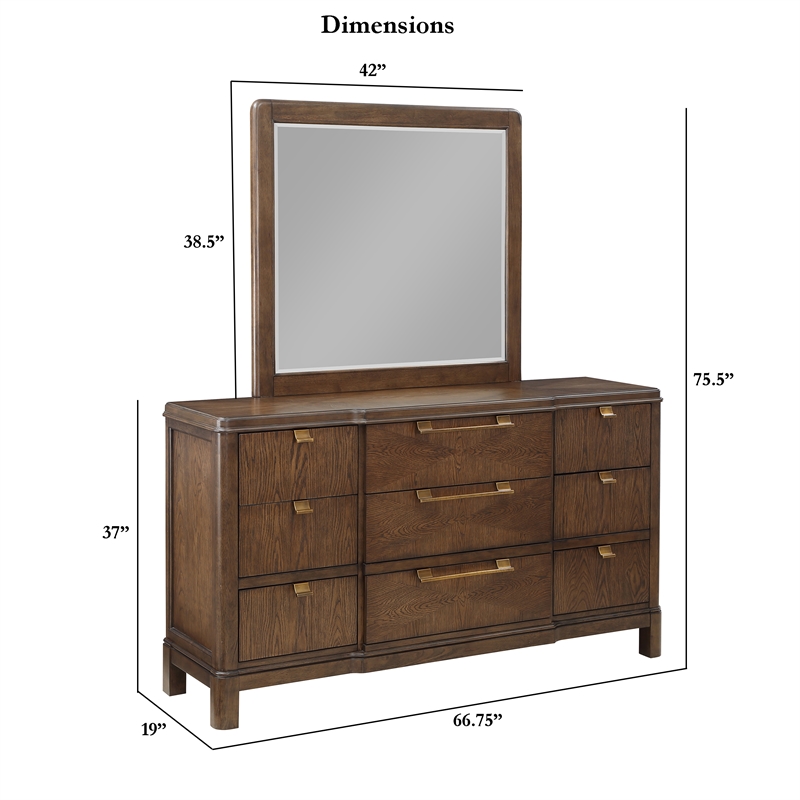 Milan Walnut Brown Wood 6-drawer Dresser and Mirror