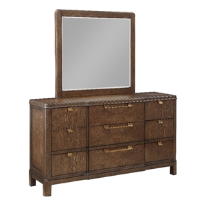 milan walnut brown wood 6-drawer dresser and mirror