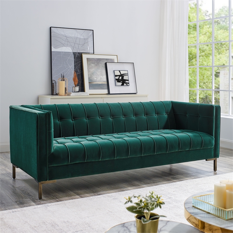 Isaac Channel Stitch Green Velvet Button Tufted Sofa