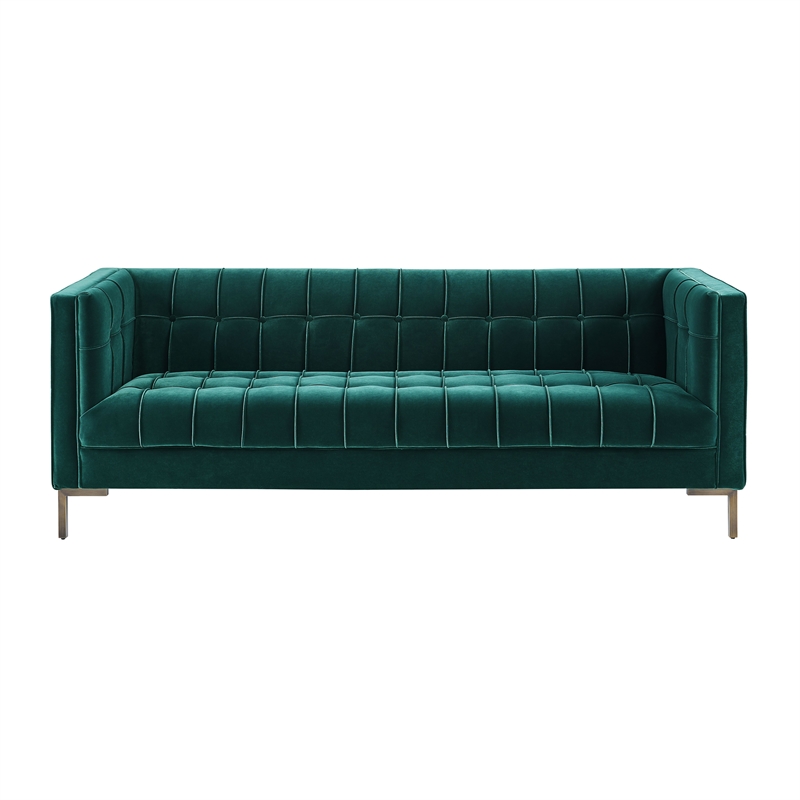 Isaac Channel Stitch Green Velvet Button Tufted Sofa