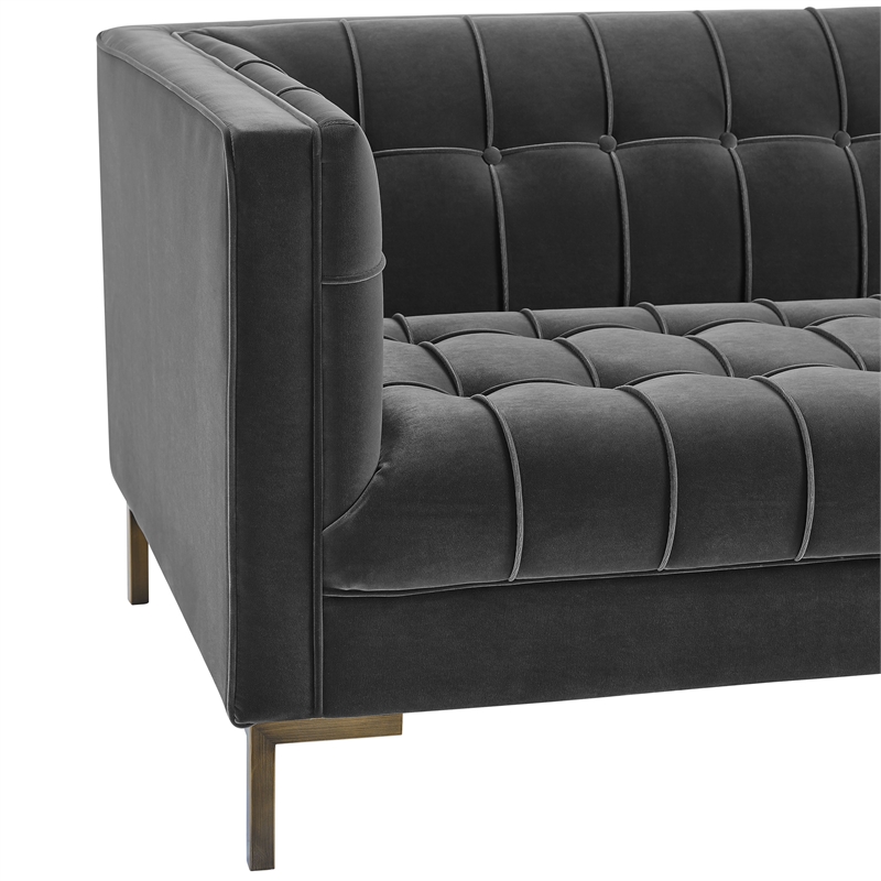 Isaac Channel Stitch Gray Velvet Button Tufted Sofa