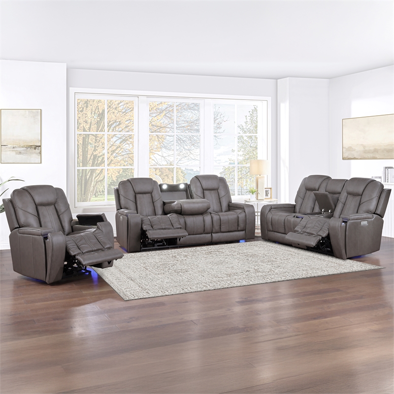 Steve Silver Daniel 3-Piece Triple-Power Leather Recling Sofa in White
