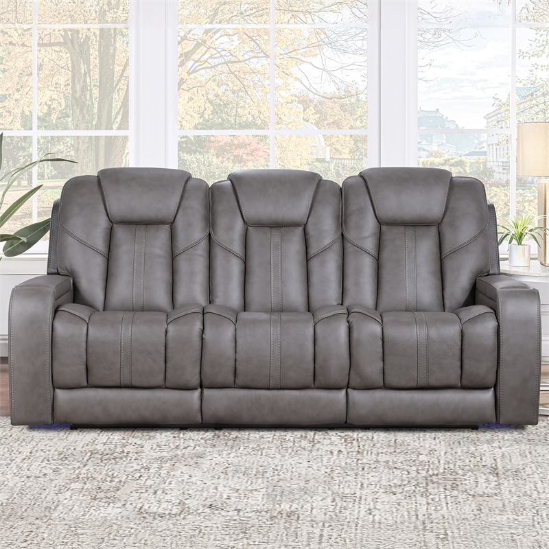 Steve Silver Daniel Triple Power Leather Theater Sofa in Gray