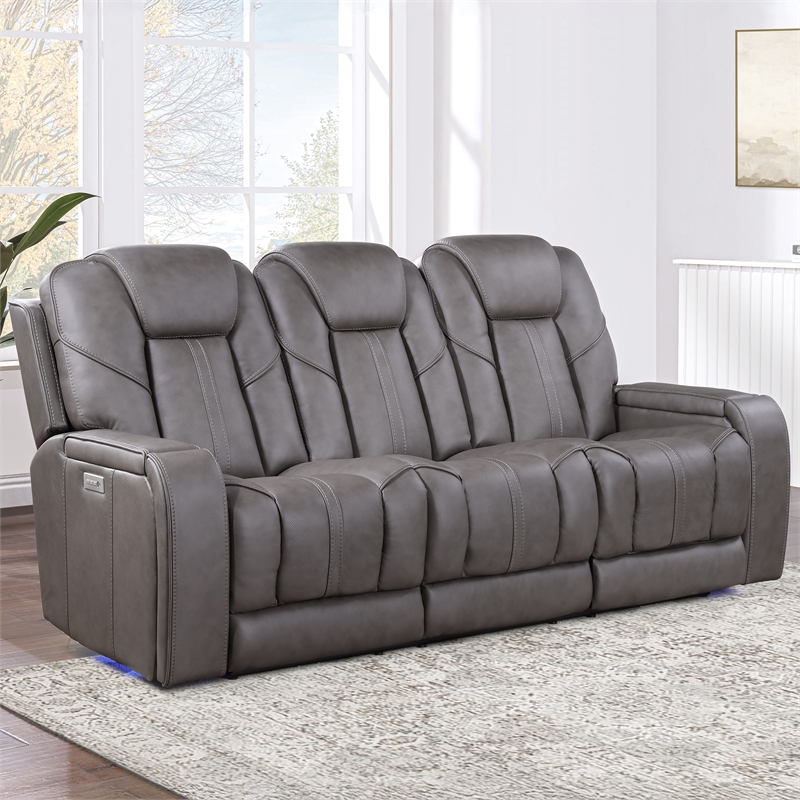 Steve Silver Daniel Triple Power Leather Theater Sofa in Gray