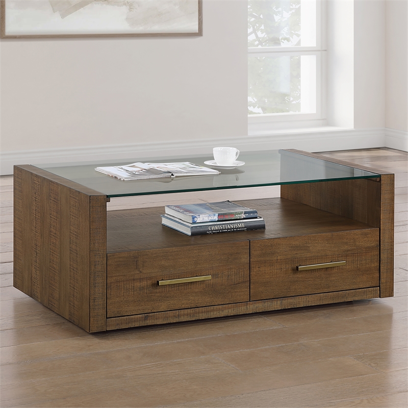 Steve Silver Garland Castered Glass Top Coffee Table in Toffee Finish