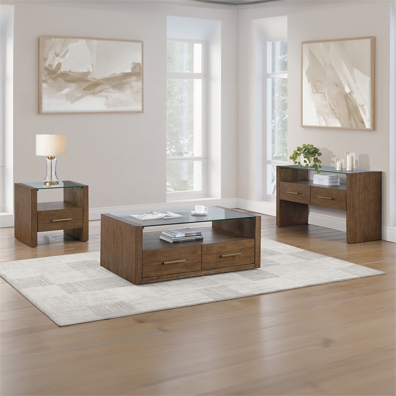 Steve Silver Garland Castered Glass Top Coffee Table in Toffee Finish