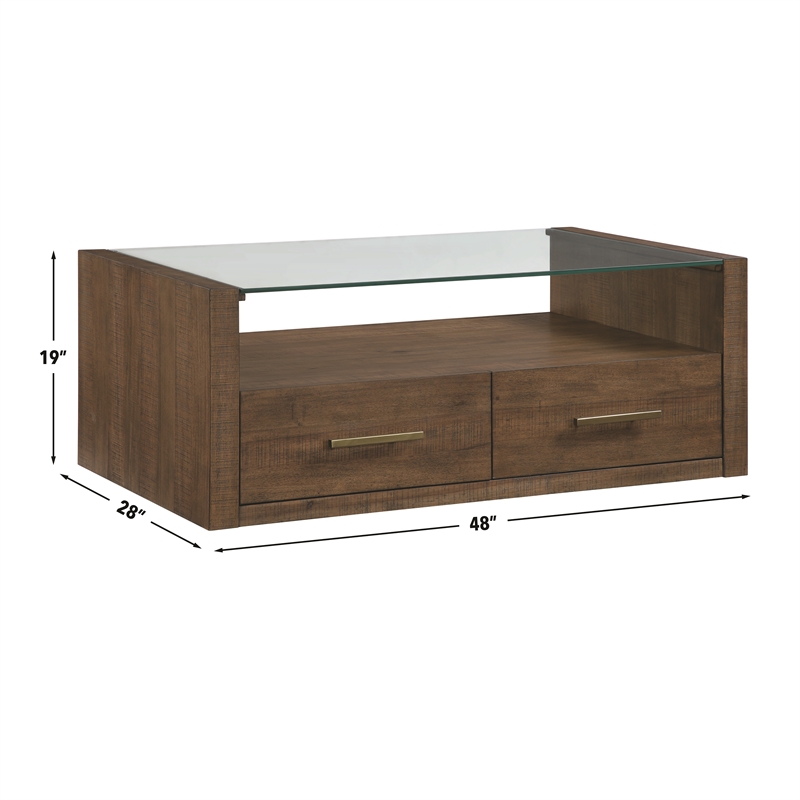 Steve Silver Garland Castered Glass Top Coffee Table in Toffee Finish