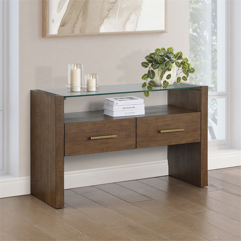 Steve Silver Garland Glass Top Sofa Table in Toffee Finish