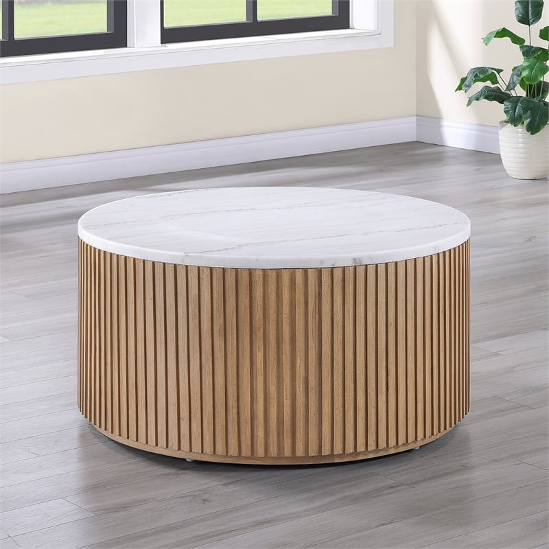 Steve Silver Colvin 3pc Round White Marble Top Coffee & End Table Set in Toffee