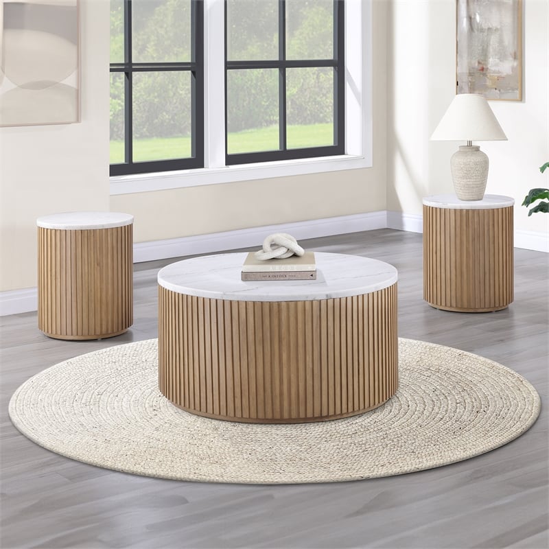 Steve Silver Colvin 3pc Round White Marble Top Coffee & End Table Set in Toffee