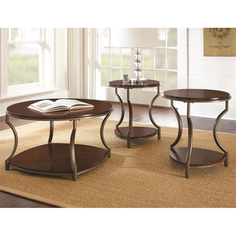 Steve Silver Miles Round Coffee & End Table 3pcs Set in Brown