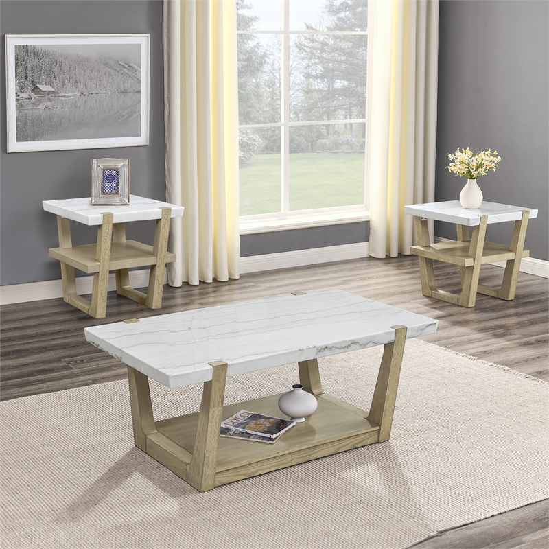 Steve Silver Perth 3-Piece Marble Top Coffee & End Table Set