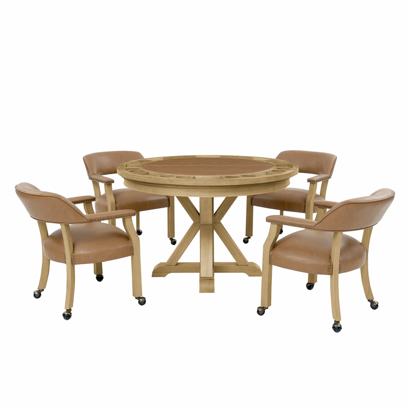 Steve Silver Rylie Dining Table with Game Top & 4 Captains Chairs Natural Finish