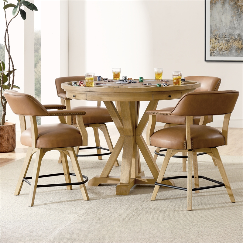 Steve Silver Rylie Game Top Counter Table & 4 Counter Chairs in Brown