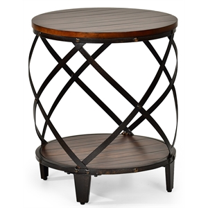 winston round wood and metal end table in distressed brown tobacco