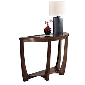 rafael sofa table in cherry finish wood  with cracked glass insert