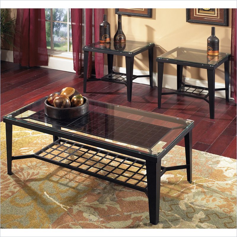 Emery 3 Piece Metal Glass Top Cocktail and End Table Set in Black