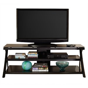 cyndi tv console with black metal legs and smoked glass shelves