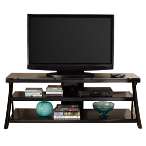 Cyndi TV Console with Black metal legs and smoked glass shelves