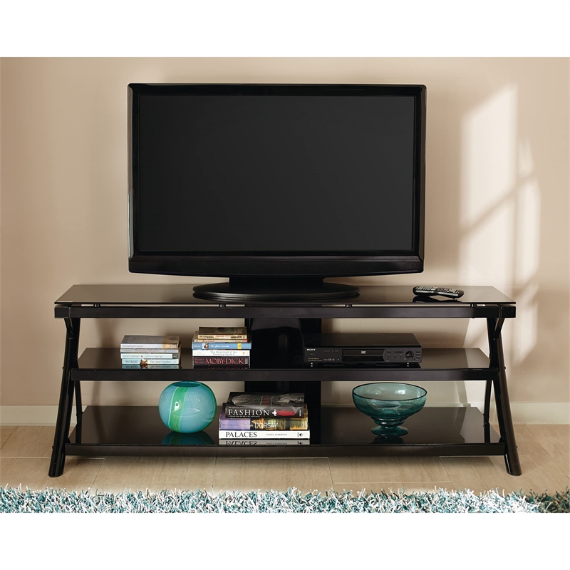Cyndi TV Console with Black metal legs and smoked glass shelves