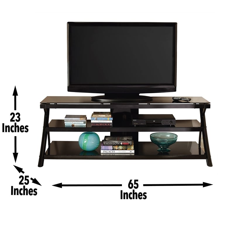 Cyndi TV Console with Black metal legs and smoked glass shelves