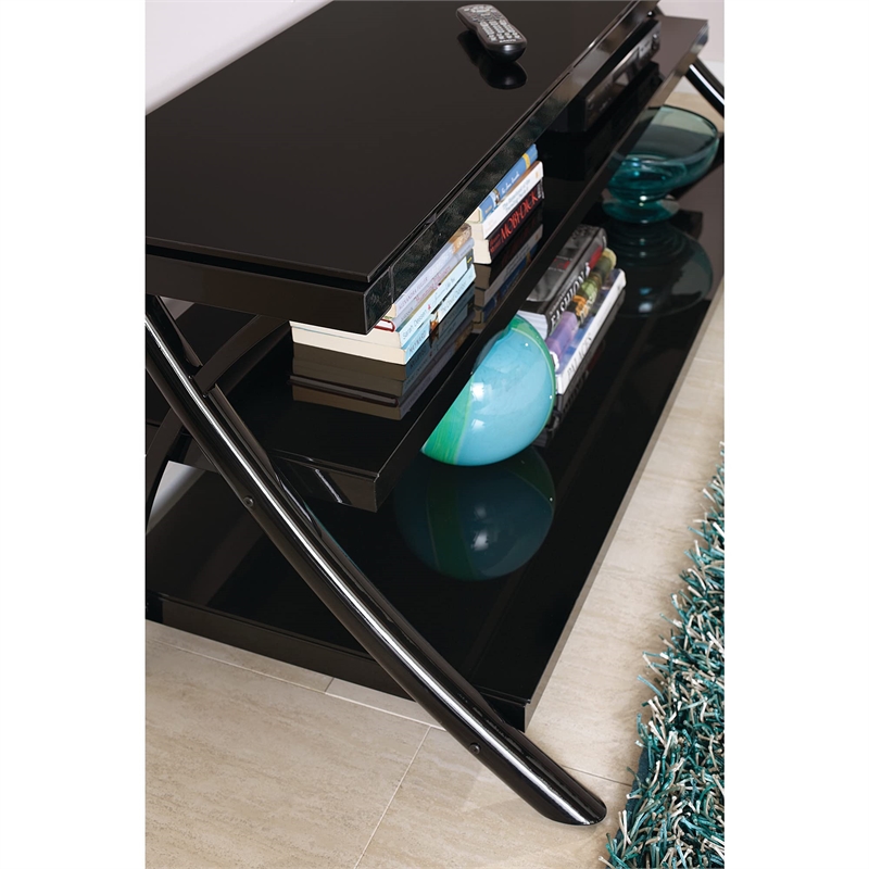 Cyndi TV Console with Black metal legs and smoked glass shelves