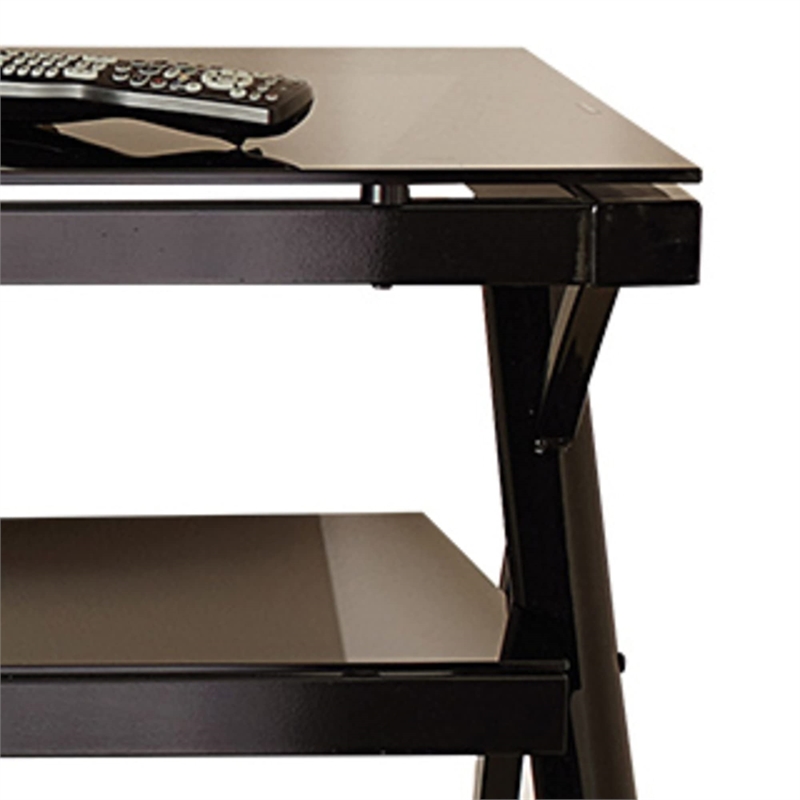 Cyndi TV Console with Black metal legs and smoked glass shelves
