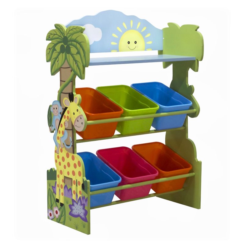 toy shelf with bins