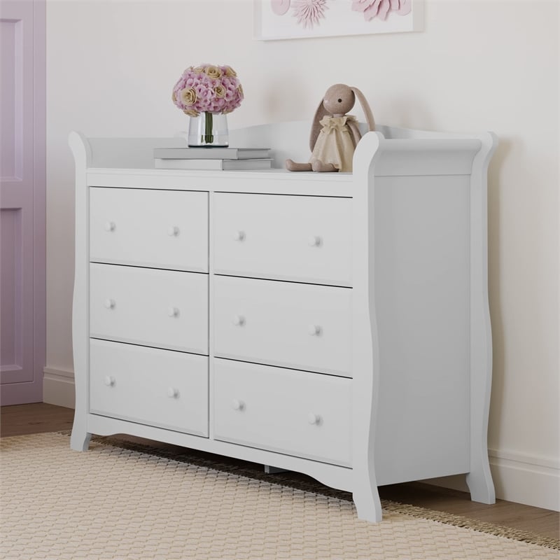Stork Craft Avalon 6 Drawer Universal Double Dresser in White