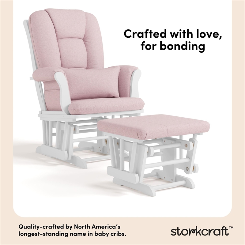 Stork Craft Tuscany Custom Glider and Ottoman in White and Pink Blush