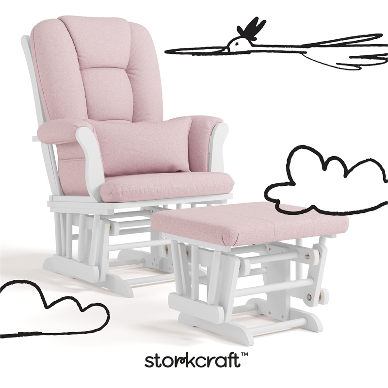 Stork Craft Tuscany Custom Glider and Ottoman in White and Pink Blush