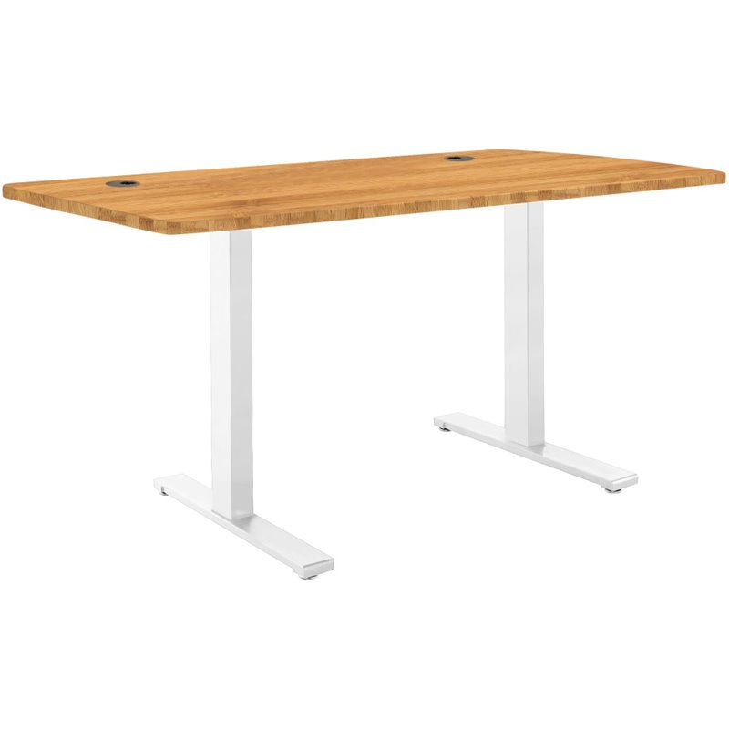 Electric Sit To Stand Computer Desk In White And Bamboo