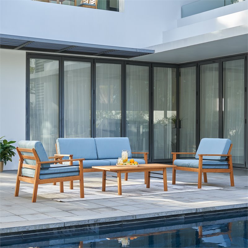 Vifah Gloucester 4-Piece Solid Wood Patio Sofa in Golden Oak