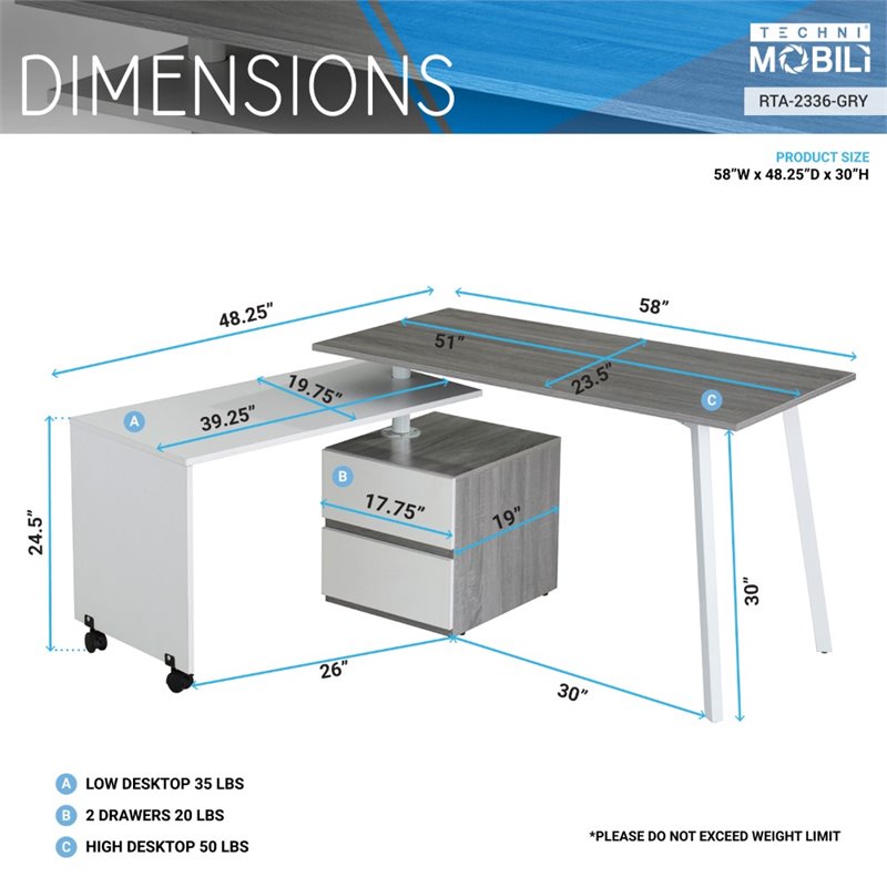 Techni Mobili Rotating Modular Computer Desk in Gray