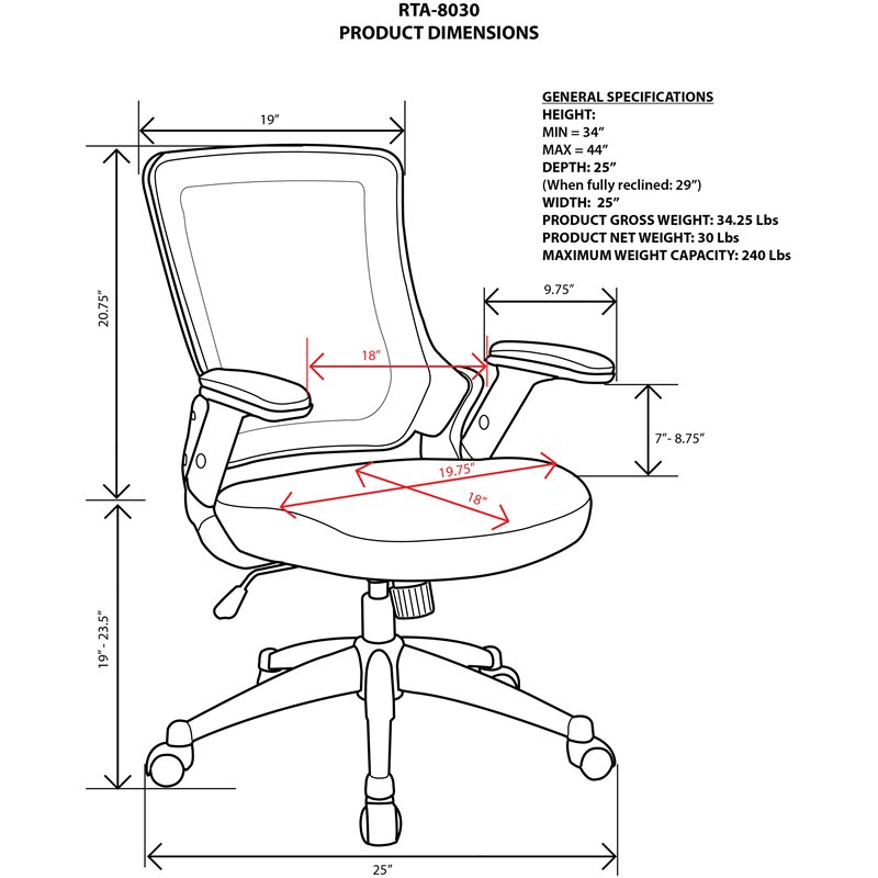 Techni Mobili Mid-Back Mesh Task Office Chair in Brown