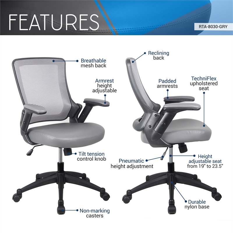 Techni Mobili Mid-Back Mesh Task Office Chair with Height Adjustable Arms - Gray