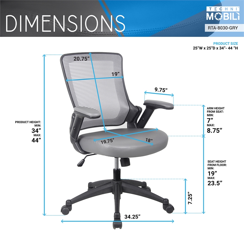 Techni Mobili Mid-Back Mesh Task Office Chair with Height Adjustable Arms - Gray