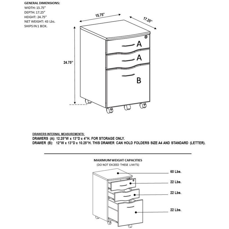 Techni Mobili 3 Drawer Mobile File Cabinet In Mahogany Rta S07 M615