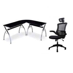 set of 2 gaming l-shaped glass desk in chrome and chair with headrest