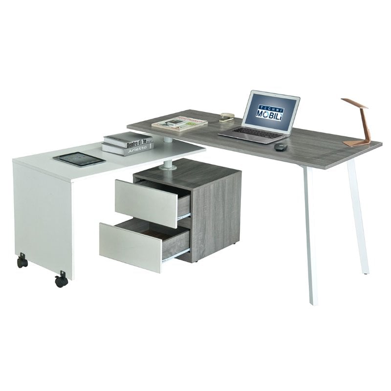 Set of 2 Rotating Computer Desk in Gray and Gaming Chair in Camel