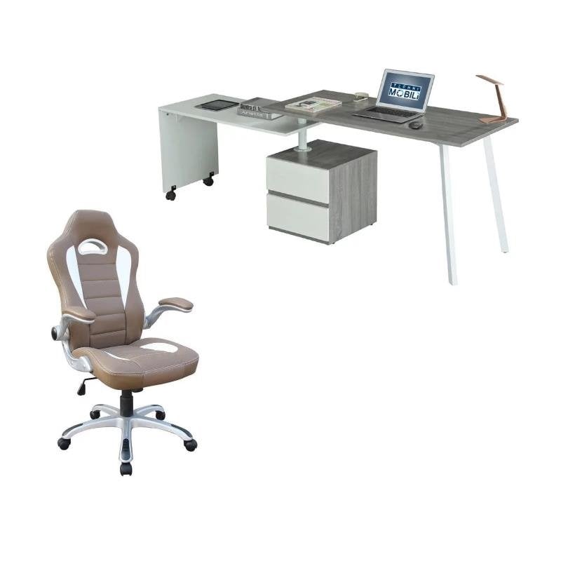 Set of 2 Rotating Computer Desk in Gray and Gaming Chair in Camel