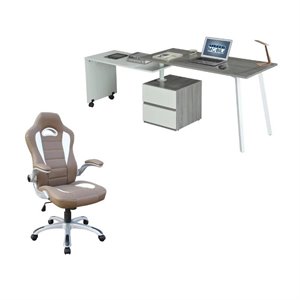 Set of 2 Rotating Computer Desk in Gray and Gaming Chair in Camel