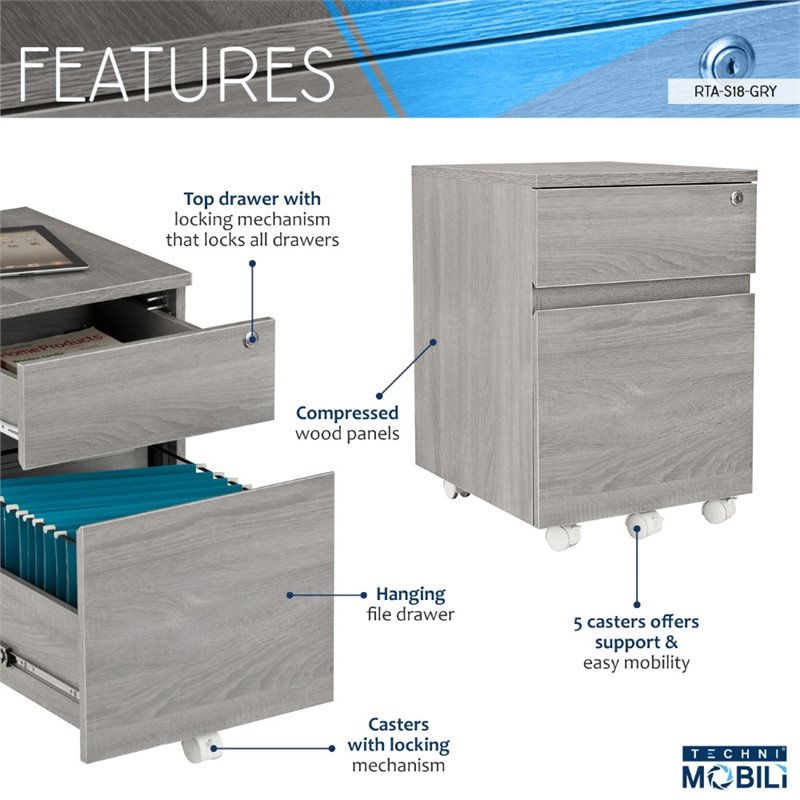 Techni Mobili 2 Drawer Mobile Vertical File Cabinet in Gray