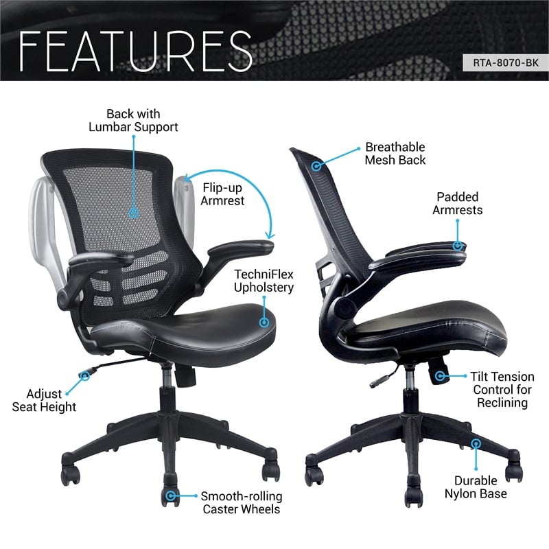 Techni Mobili Mid Back Mesh Adjustable Office Chair in Black